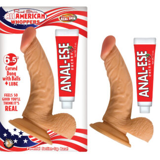 All American Whoppers 6.5" Curved Dong W/Balls & Lube Flesh