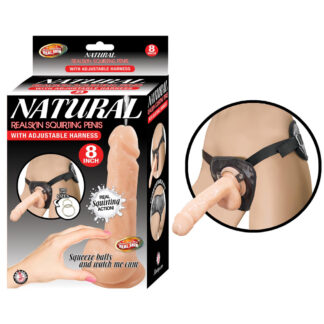 Natural Realskin Squirting Penis W/Adjustable Harness 8" White